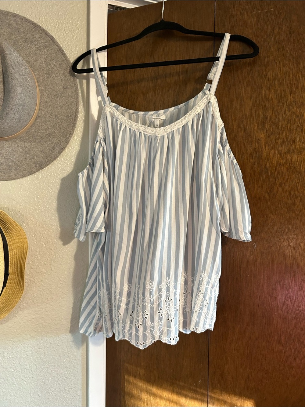 Maurices Light Blue & White Striped Cold-Shoulder Lace-Hem Camisole
